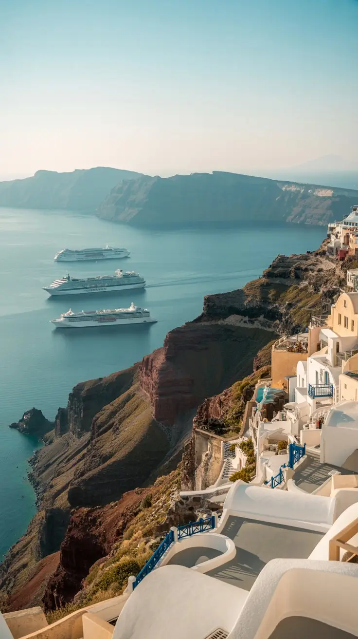 Exploring Fira’s Photogenic Spots at the cable car station with views of cruise ships in Santorini