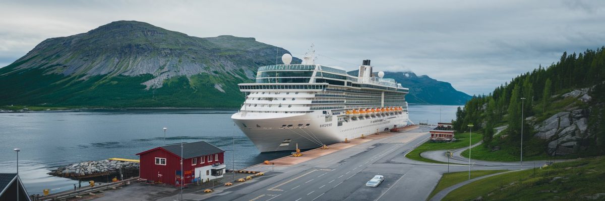 Harstad, Norway cruise port with cruise ship on the background