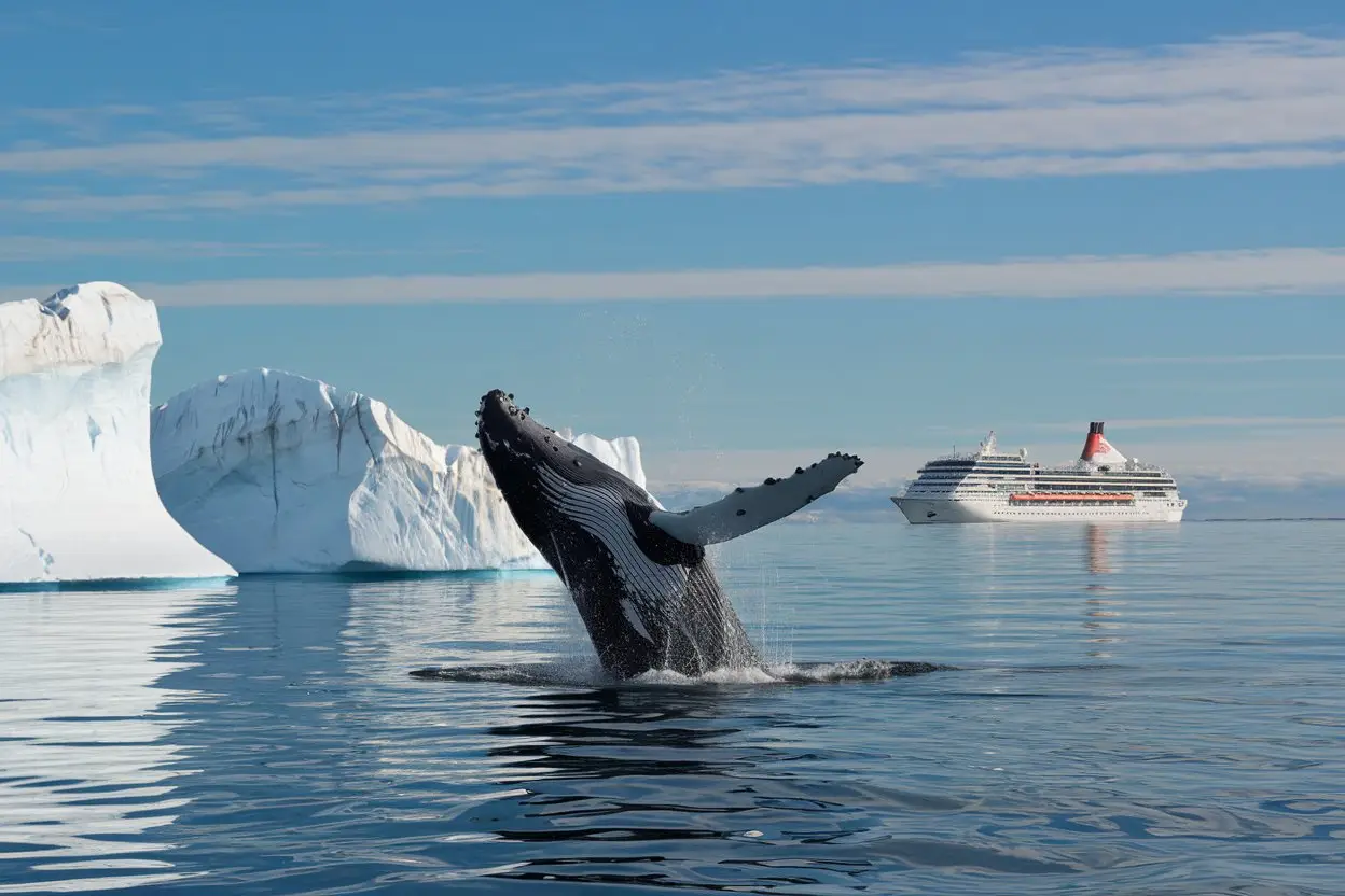 Humpback whale near an iceberg with a polar cruise ship near by