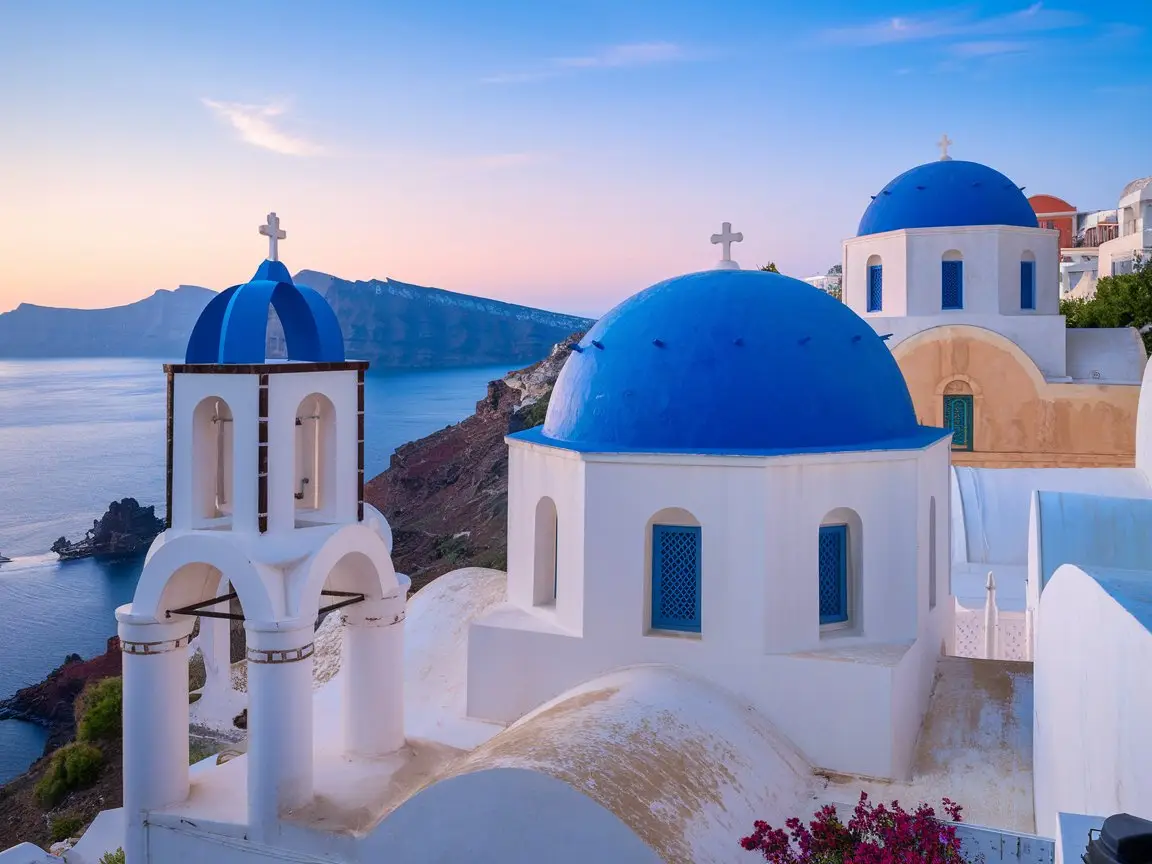 Imerovigli's collection of blue-domed churches in Santorini