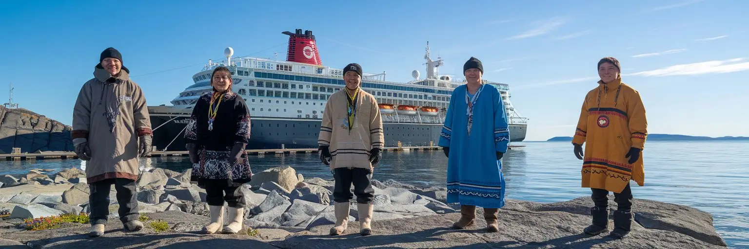 Inuit people with a polar expedition cruise ship