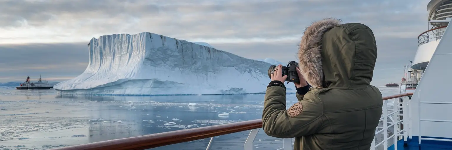 Jasmine French taking a photo of an iceberg on a polar expedition cruise in the Arctic