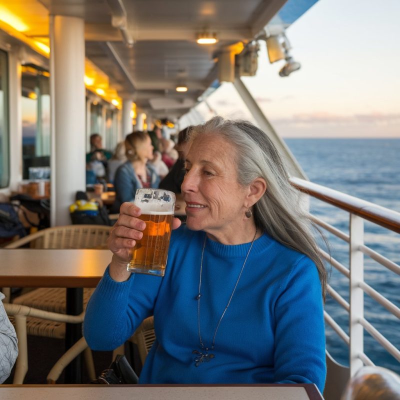 Jo Pembroke enjoying a beer on a no fly cruise from the UK