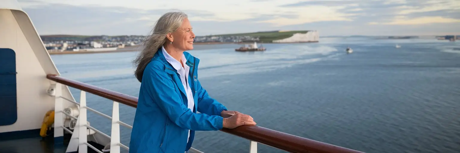 Jo Pembroke on a cruise ship leaving Dover