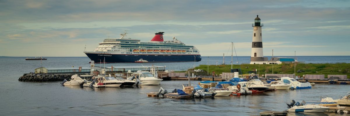 Kolyuchin Island, Russia Cruise port with cruise ship on the background