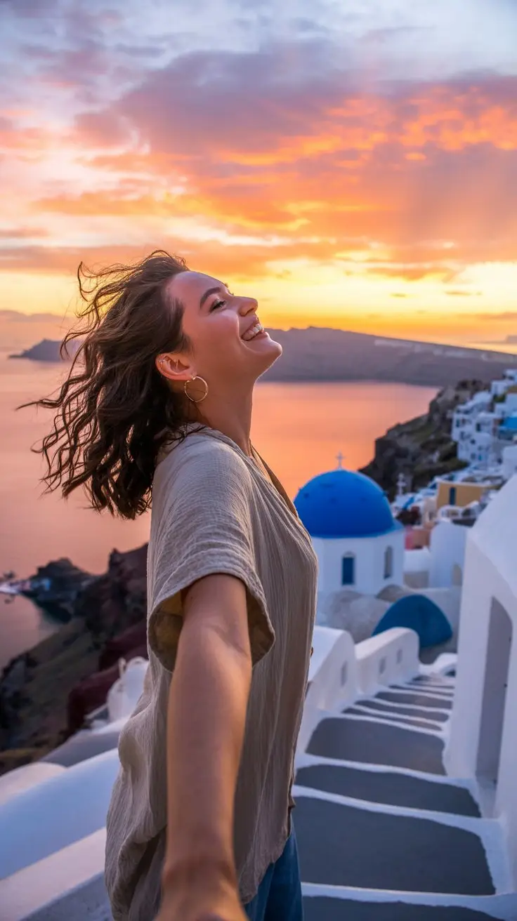 Lady in Santorini taking a selfie at sunset