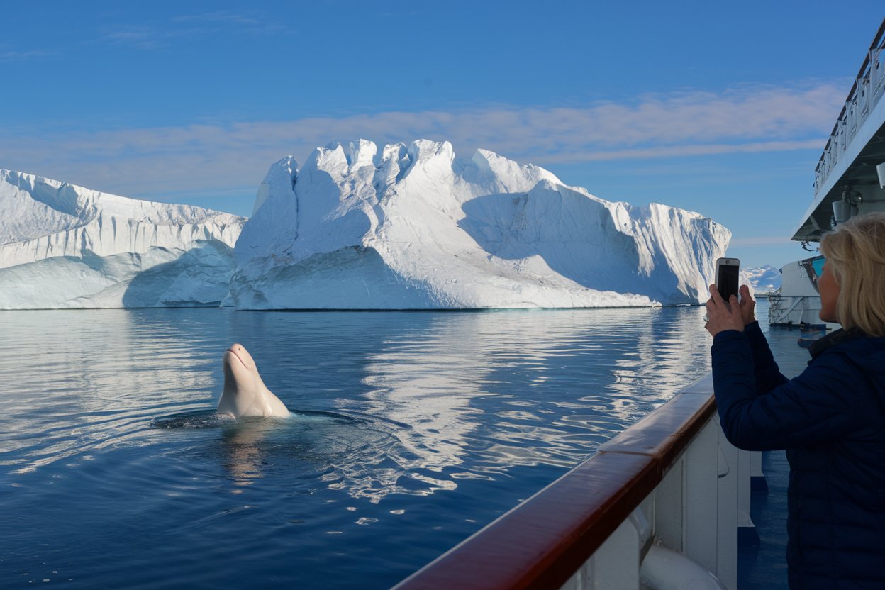 Lady on a polar cruise taking a photo from her cell phone of a whale near an iceburg