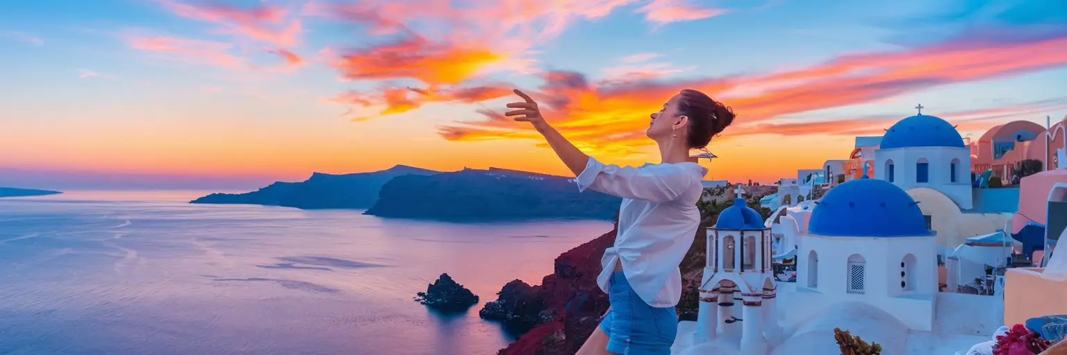 Lady posing for a photo at sunset in Santorini from a cruise ship