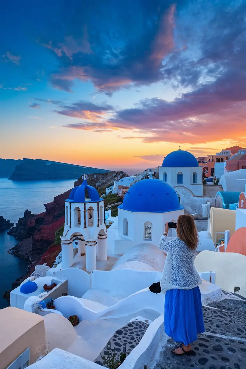 Lady taking a photo with her cell phone of the sunset in Santorini Greece