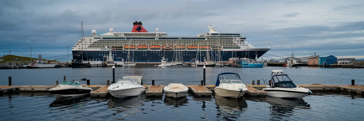L’anse Aux Meadows, Newfoundland, Canada cruise port with cruise ship on the background