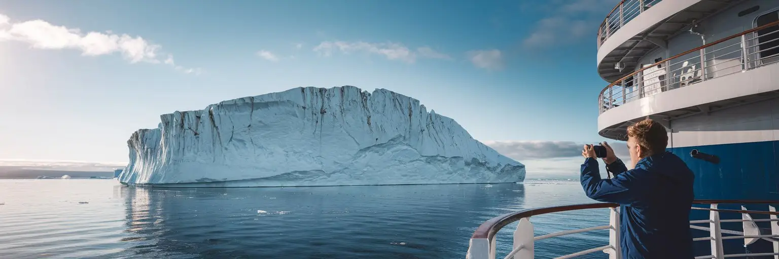 Man standing on the deck of a polar cruise ship taking a photo of an iceburg