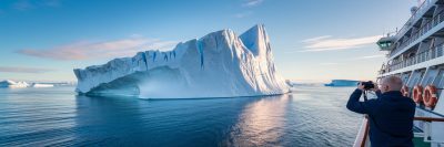 Man taking a photo of a massive iceburg from a polar cruise ship