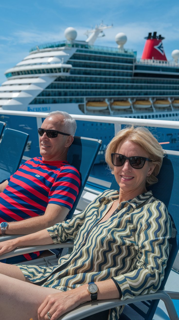 Mid aged lady and man on lounge chairs dressed in swimwear on a cruise ship. Sunny Day at Rhodes Cruise Ship Port.