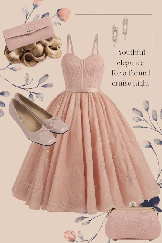 Mood board with a formal dress outfit idea for a teen girl