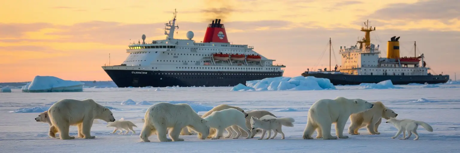 North Pole cruise ship with nuclear icebreaker in the background in Helsinki with polar bears, arctic foxes