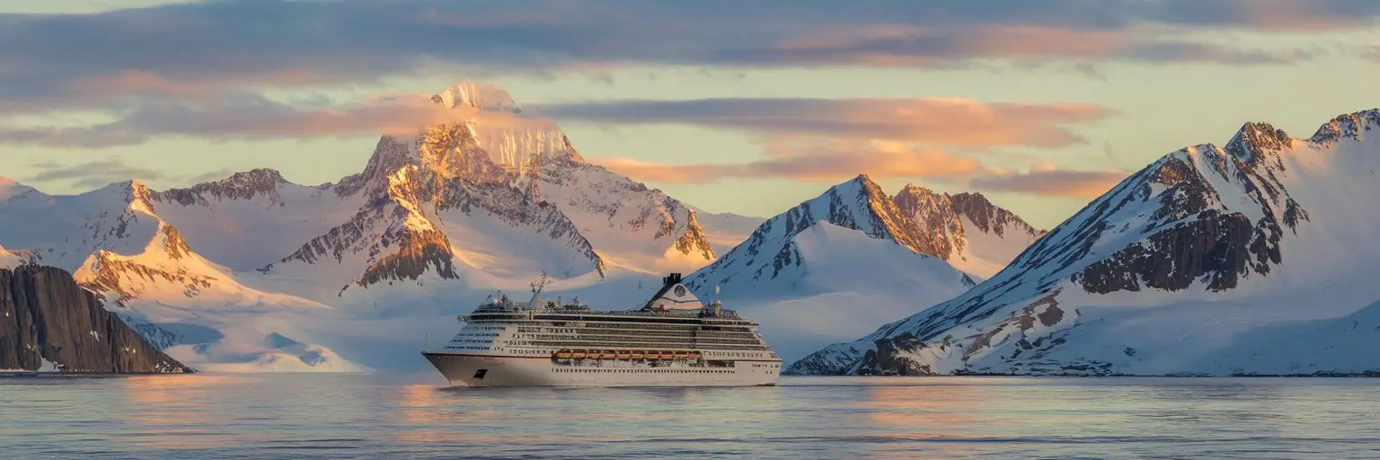 Northwest Passage Cruise with cruise ship passing in snowy mountains