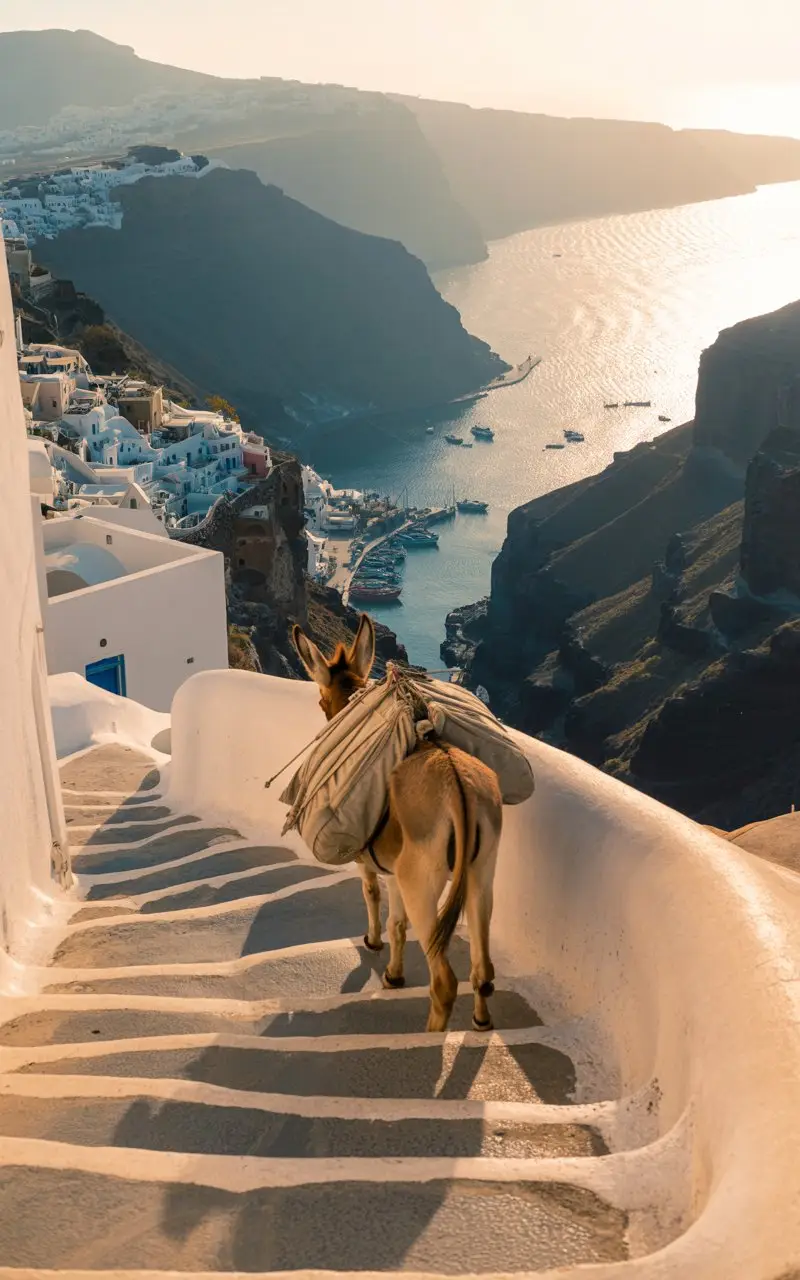Old Port Steps and Harbour Views with a donkey at 9am in Santorini