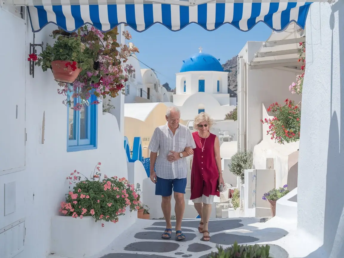 Older couple in shorts walking the narrow flower filled streets of Santorini