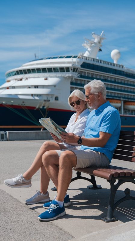 Older couple sitting down, reading a map, casually dressed in shorts on a sunny day with a cruise ship in the background at Cannes Cruise Ship Port