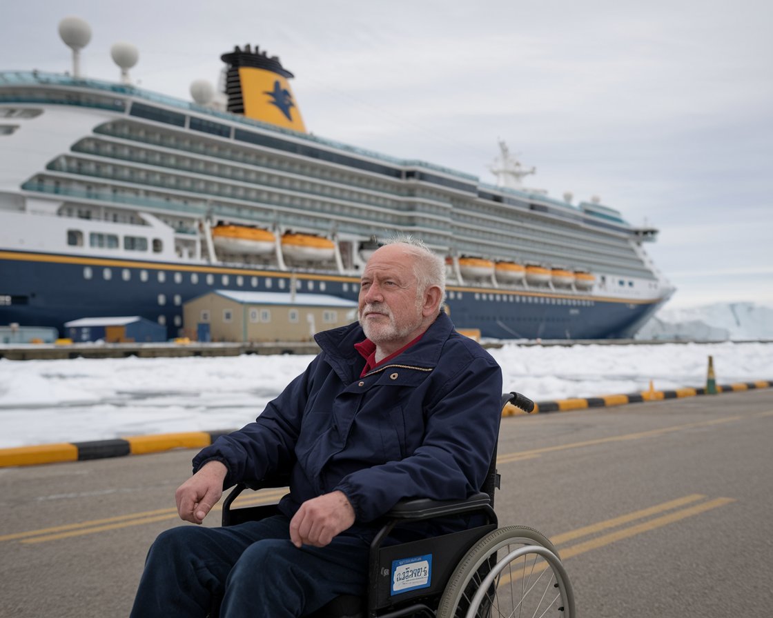 Older man in a wheelchair with a cruise ship in the background at Resolute Bay Port