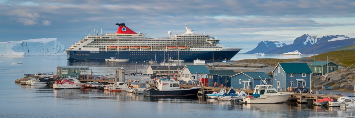 Passenger port at Ilulissat, Greenland with Cruise Ship on the background