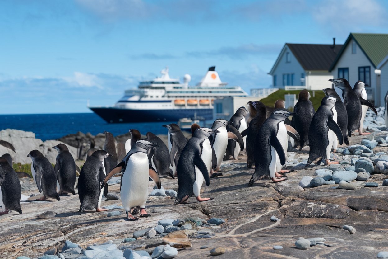 Penguin colony near house in the Falkland Islands