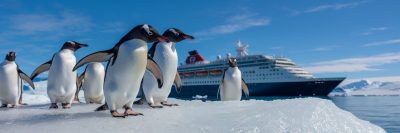 Penguins on a iceburg with an expedition cruise ship in the background