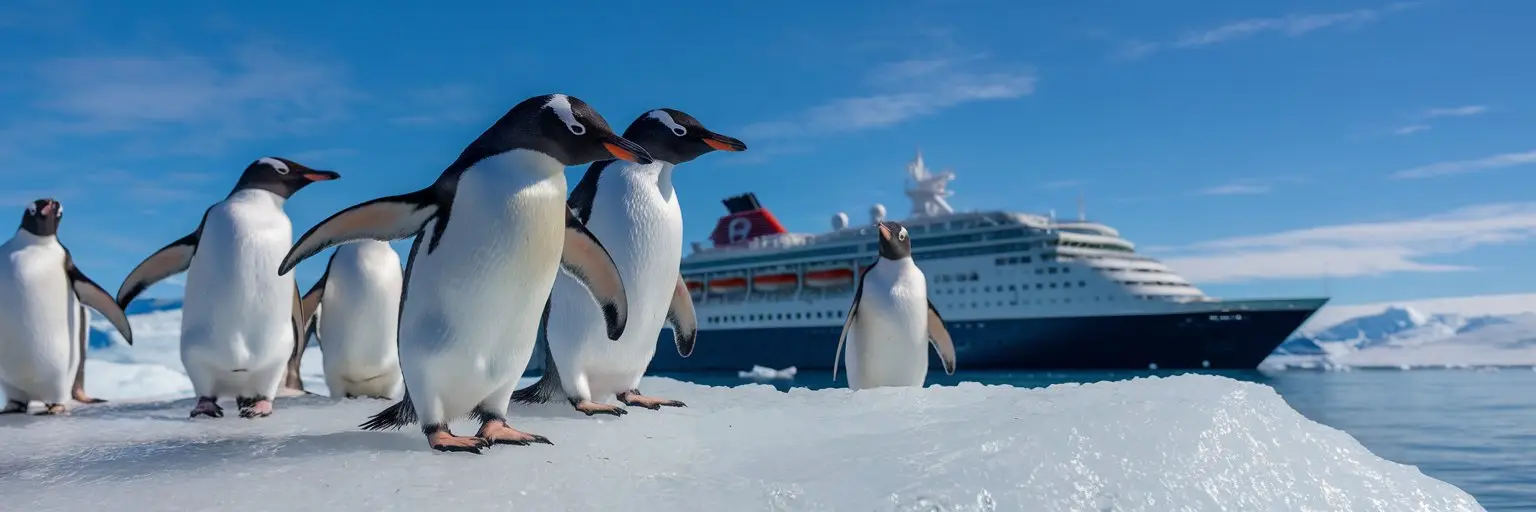 Penguins on a iceburg with an expedition cruise ship in the background