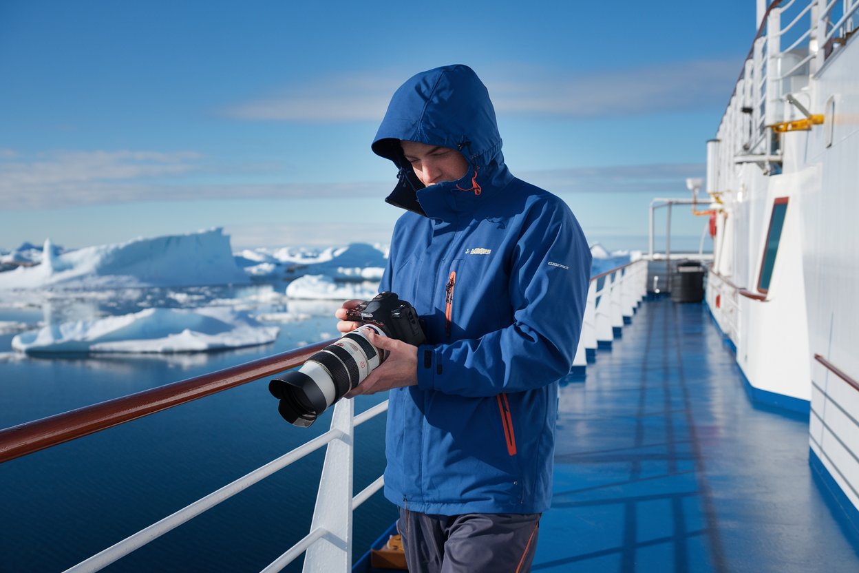 Photographer weating a waterproof jacket and pants on a pola cruise ship in the Arctic