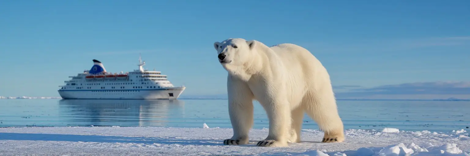 Polar Bear standing on ice with a Polar expedition cruise ship in the background