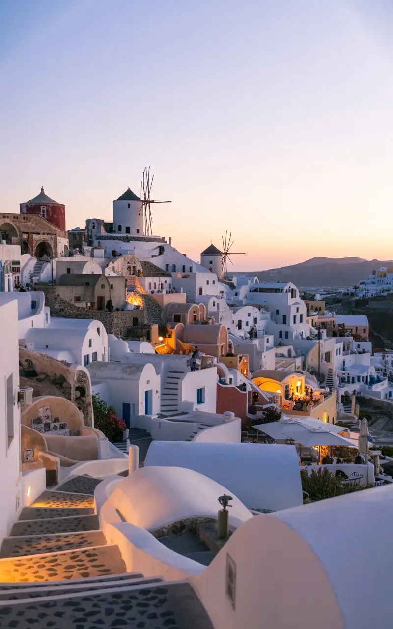 Pyrgos Kasteli Views at dusk in Santorini Greece
