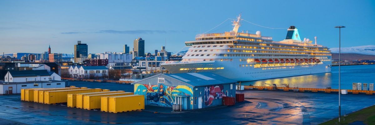 Reykjavik, Iceland cruise port with cruise ship on the background