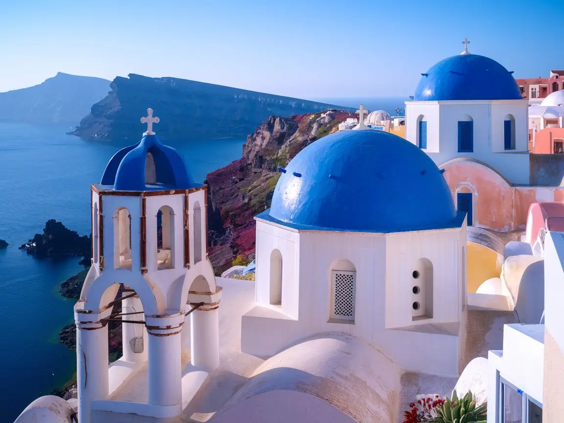 Santorini at the Three Blue Domes of St Nicholas Church