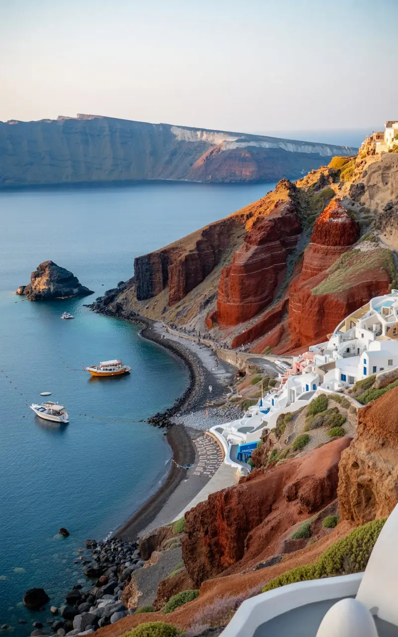 Santorini’s coastline is full of dramatic contrasts