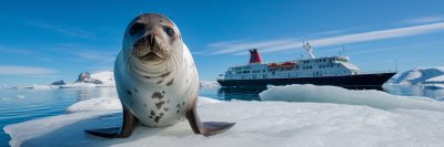 Seal on an iceburg in the arctic with a cruise ship in the background