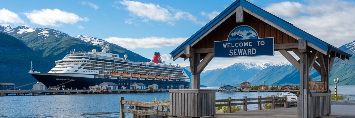 Seward, Alaska cruise port with cruise ship on the background