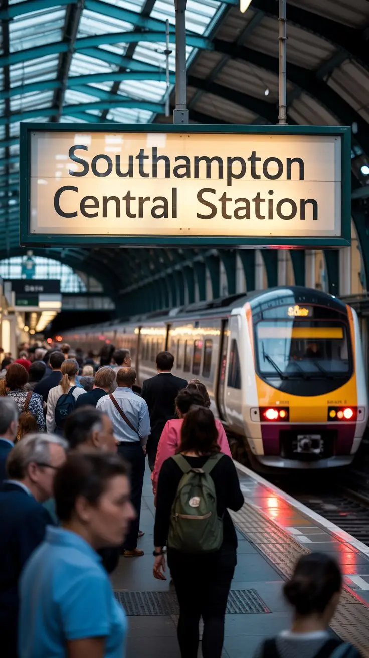 A photograph of a bustling Southampton Central Station platform, with a modern high-speed train pulling into the station. A large, illuminated sign prominently displays "Southampton Central Station" in a classic serif font. Passengers in a variety of clothing styles are scattered across the platform, some waiting and some boarding the train, with a blurred background of the station’s arched glass roof. The scene is lit by the warm glow of overhead station lights, creating a sense of motion and energy.
