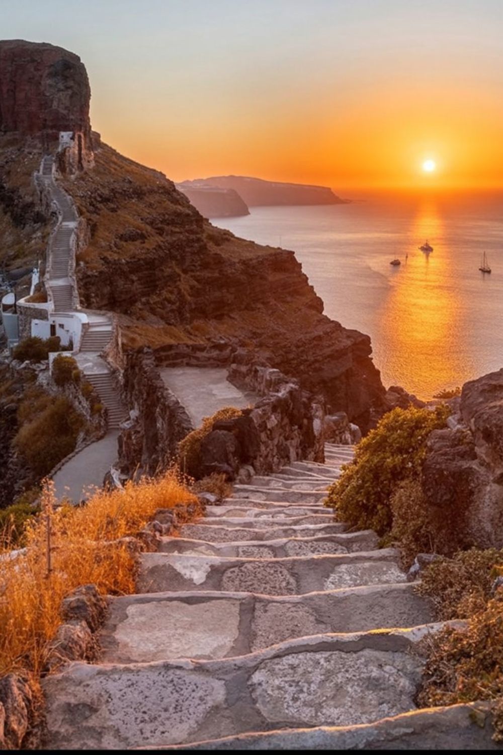 Skaros Rock Panorama at sunset in Santorini Greece