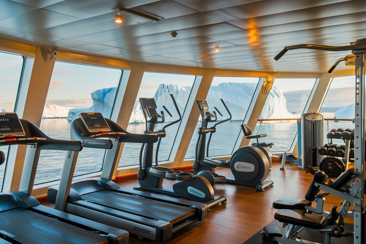 Small gym on a polar cruise ship with views of iceburgs