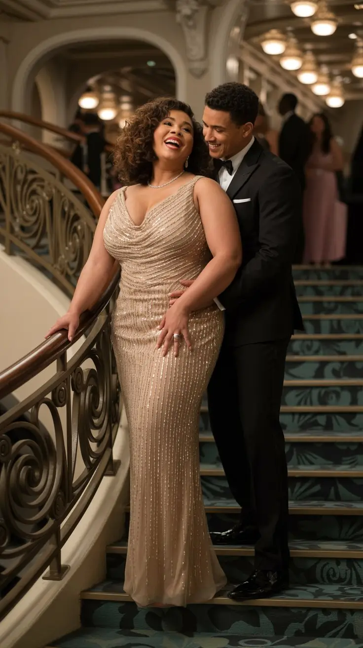 A glamorous, cinematic portrait of a curvaceous woman radiating confidence while wearing a sparkling, floor-length "bad girl" sequin gown. She stands proudly on an ornate grand staircase, her hand resting affectionately on the arm of her handsome boyfriend, also dressed in a formal tuxedo. The setting is the lavishly decorated interior of a cruise ship during a formal night, with shimmering chandeliers and blurred figures of elegantly dressed guests in the background. Soft, warm lighting highlights the woman's joyful expression and the intricate details of her gown, creating a captivating scene of celebratory romance.