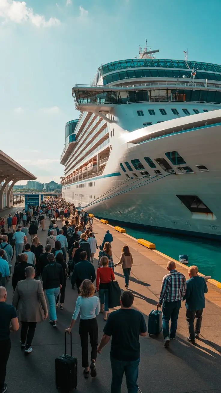 A photograph of the Southampton Cruise Terminal bathed in the golden light of late afternoon. A large, modern cruise ship with a sleek white hull and vibrant blue accents is docked at the terminal, its gangway extending to meet the bustling crowds of passengers disembarking. People in various travel attire, some with rolling suitcases, fill the foreground with a sense of excitement and anticipation. The backdrop features a clear blue sky and glimpses of the cityscape, creating a dynamic and inviting scene.