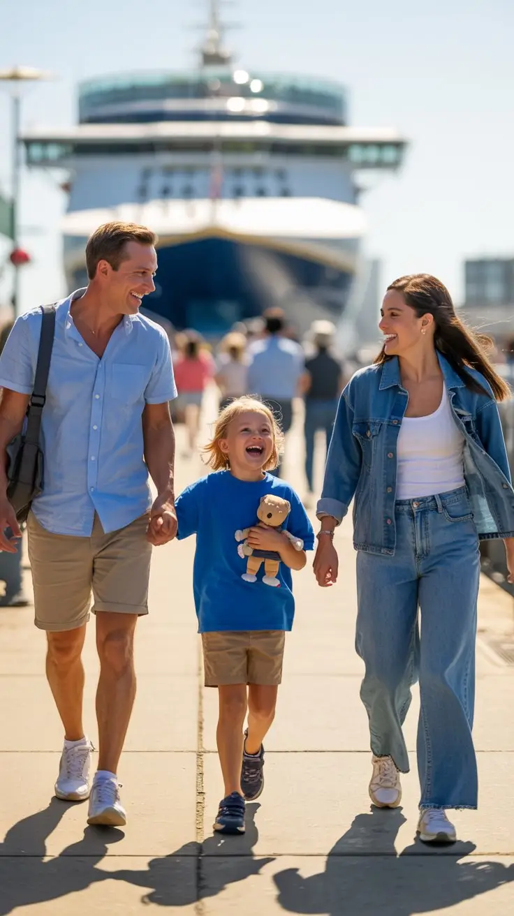 A vibrant, candid-style photograph captures a smiling family of four – parents and a ten-year-old child – strolling along a sunny pier at Southampton port. The young child, wearing a bright blue t-shirt and khaki shorts, clutches a small stuffed animal and gazes excitedly towards the large cruise ship looming in the background, partially obscured by gentle sea mist. The parents, casually dressed in comfortable vacation attire, walk hand-in-hand, their faces radiating warmth and shared joy, bathed in the golden light of the afternoon sun. The background features the bustling port with other passengers and distant buildings, creating a lively scene of anticipation and travel.