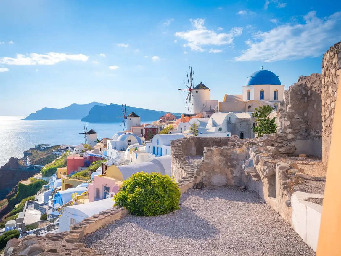 The Byzantine Castle Ruins offer a prime photo location with panoramic views of Oia's cascade of white buildings