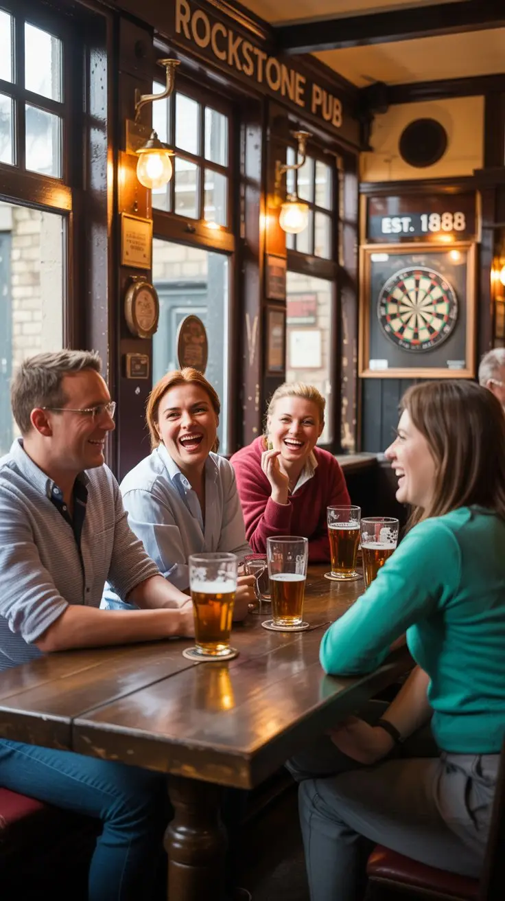 A photograph inside The Rockstone Pub in Southampton shows a group of tourists enjoying the atmosphere. The patrons are diverse in age and attire, laughing and chatting around a wooden table with pints of ale in front of them. Warm, golden light streams in through the pub's windows, illuminating the worn wooden beams and vintage decor, evoking a sense of cozy tradition. In the background, a dartboard hangs on the wall, and a faded sign reads "Est. 1888" above the bar.