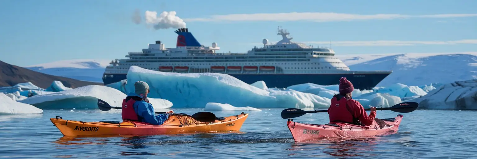 Two guests kayaking around iceburgs with their polar cruise ship in the background