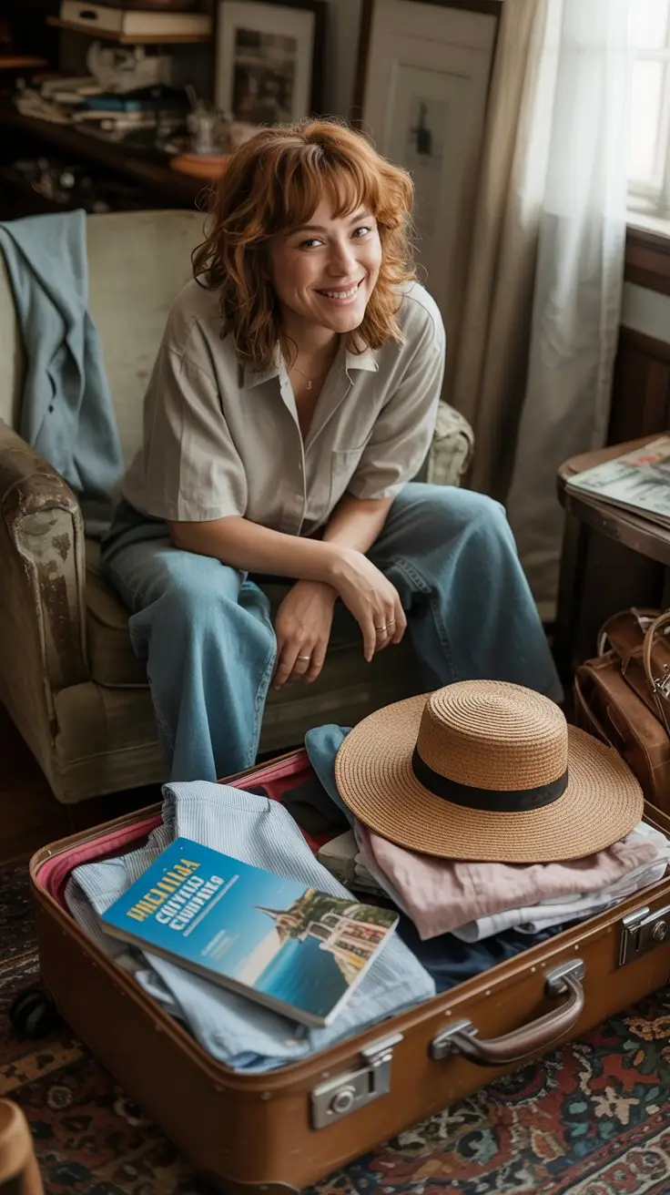 A candid lifestyle photograph of a casually dressed woman with slightly disheveled auburn hair and kind, crinkled eyes, smiling warmly. She is comfortably seated on a worn armchair, surrounded by scattered belongings, radiating an approachable and genuine charm. Beside her, an oversized, vintage suitcase lies open, revealing a haphazardly packed collection of linen shirts, sun hats, and travel guides for a Mediterranean cruise, hinting at a forthcoming adventure. Soft, natural light streams through a nearby window, illuminating the cozy, lived-in atmosphere of her home and creating a sense of relaxed anticipation.
