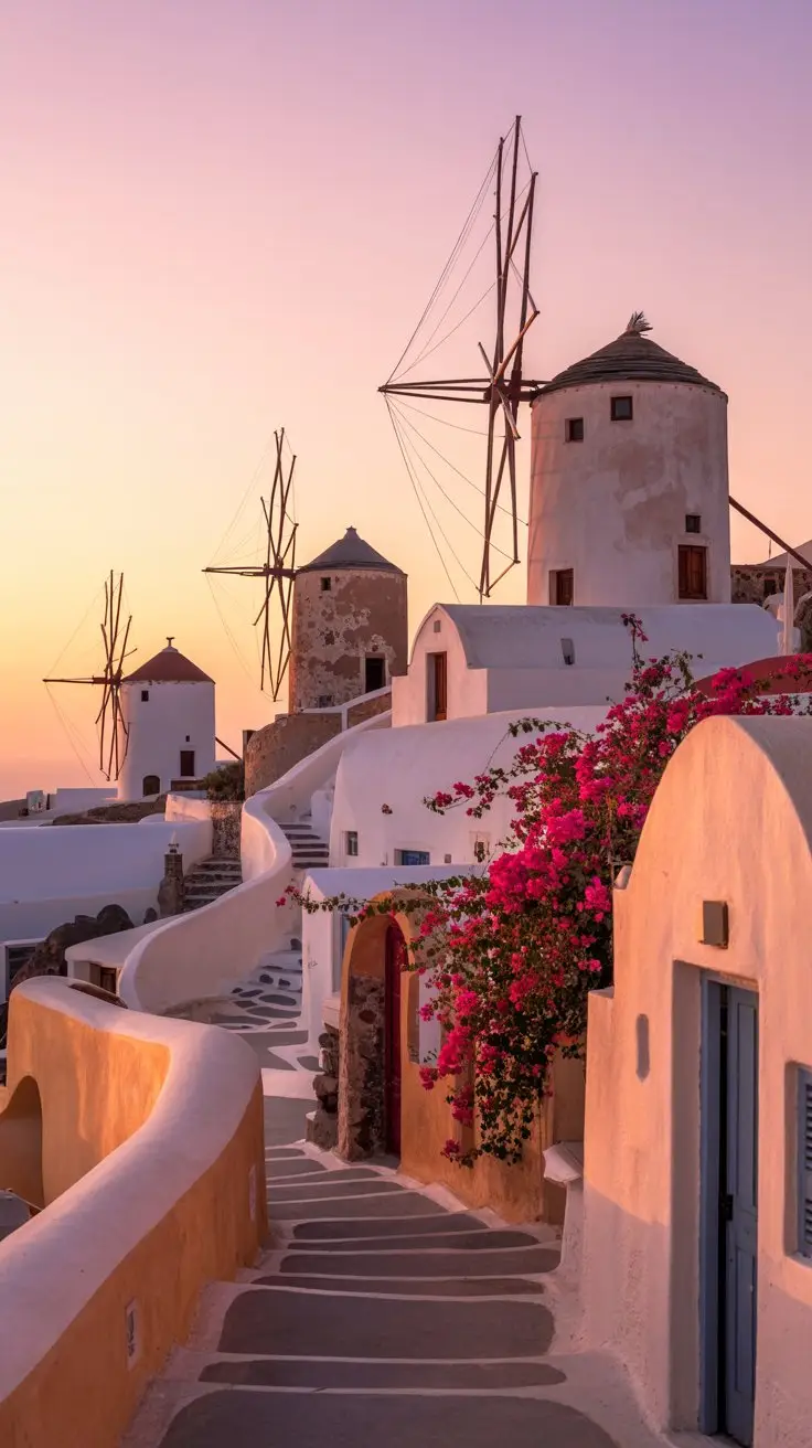 Windmills in Oia in Santorini at dawn great photo spot
