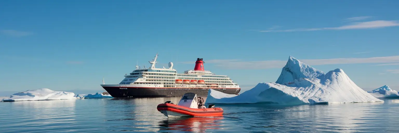 Zodiac excursion from a polar cruise ship with iceburgs around