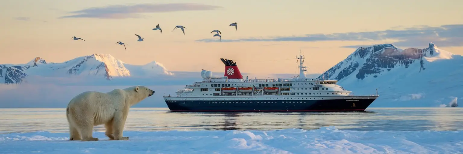 a polar bear watches the cruise ship passing by with some birds in the sky