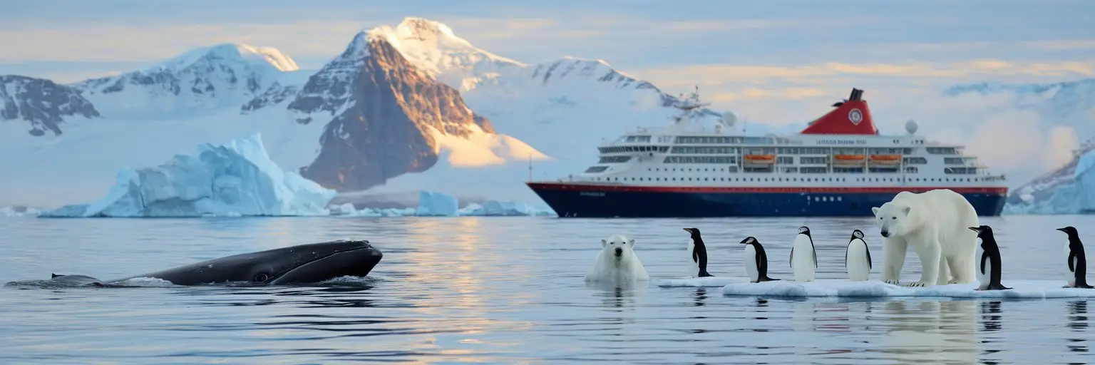 a whale, 2 polar bears, peguins and birds at the arctic with cruise ship on the background